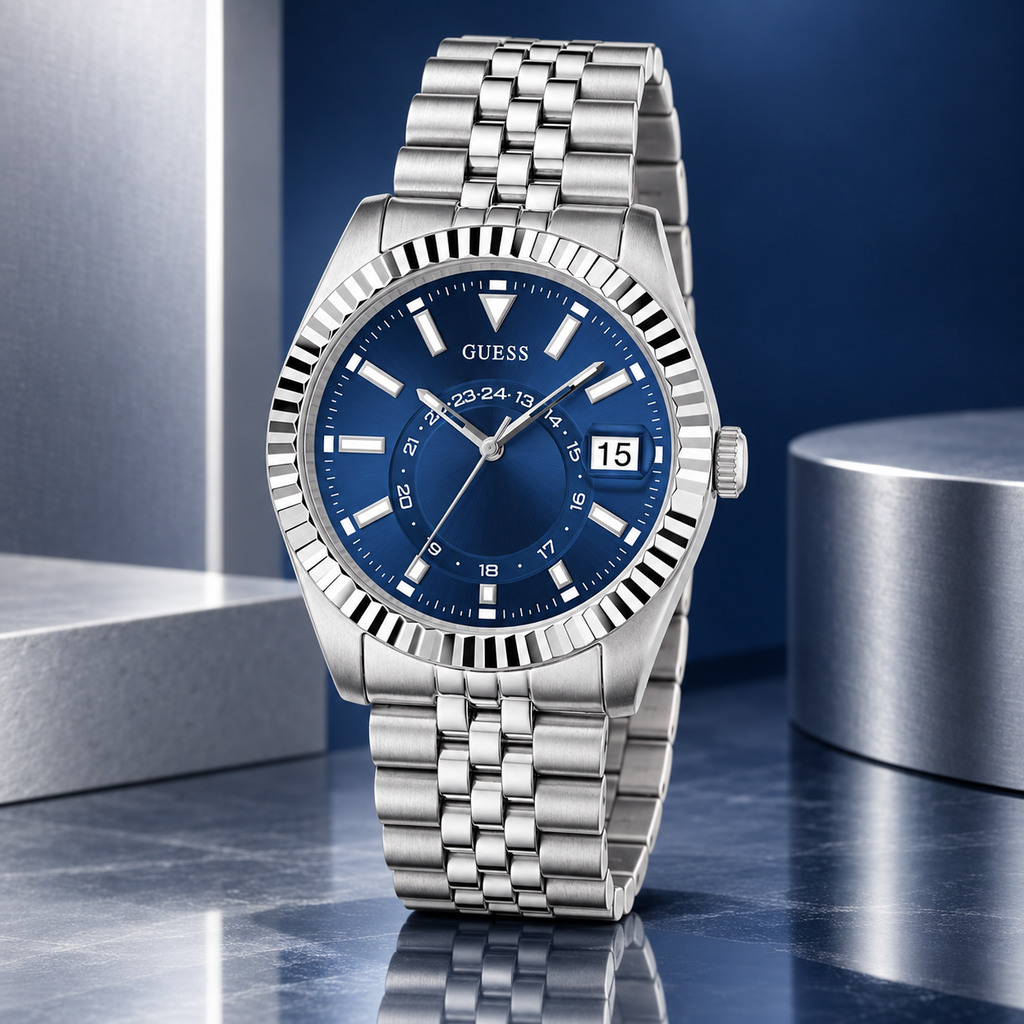 GUESS Mens Jaden Silver Tone Multi-function Date Watch – Jaden, Blue sunray dial with date window and 24-hour subdial, Silver-tone jubilee-style stainless-steel bracelet, 42 mm – GW0977G1 – image 2