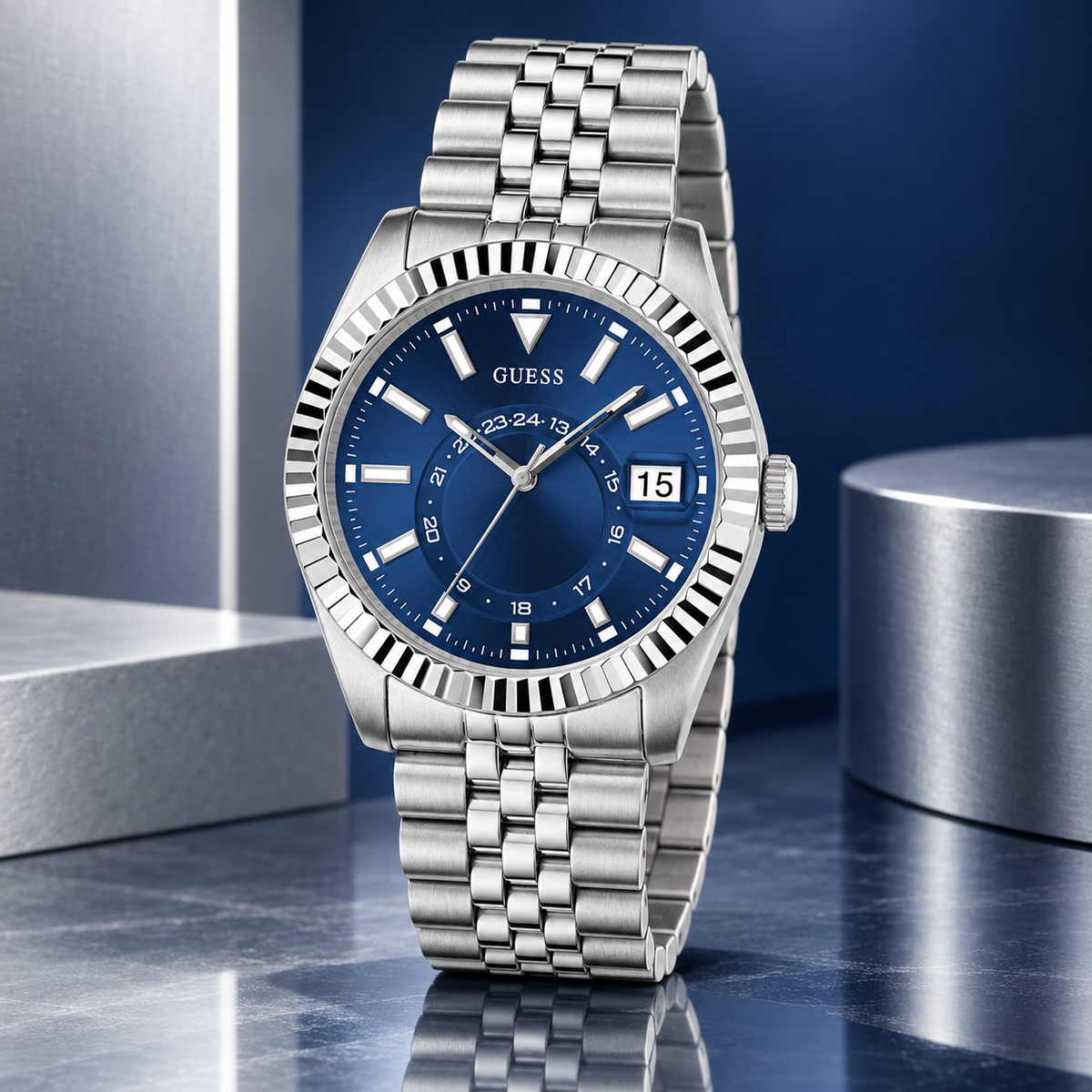 GUESS Mens Jaden Silver Tone Multi-function Date Watch – Jaden, Blue sunray dial with date window and 24-hour subdial, Silver-tone jubilee-style stainless-steel bracelet, 42 mm – GW0977G1 – image 2