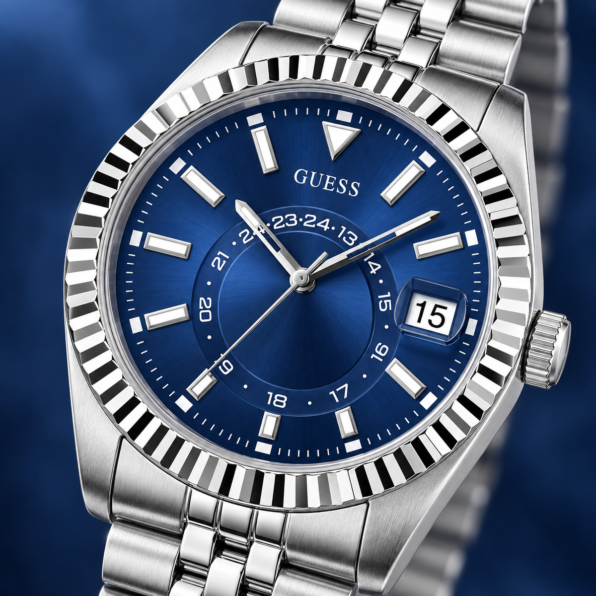 GUESS Mens Jaden Silver Tone Multi-function Date Watch – Jaden, Blue sunray dial with date window and 24-hour subdial, Silver-tone jubilee-style stainless-steel bracelet, 42 mm – GW0977G1 – image 3