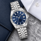 GUESS Mens Jaden Silver Tone Multi-function Date Watch – Jaden, Blue sunray dial with date window and 24-hour subdial, Silver-tone jubilee-style stainless-steel bracelet, 42 mm – GW0977G1 – image 4