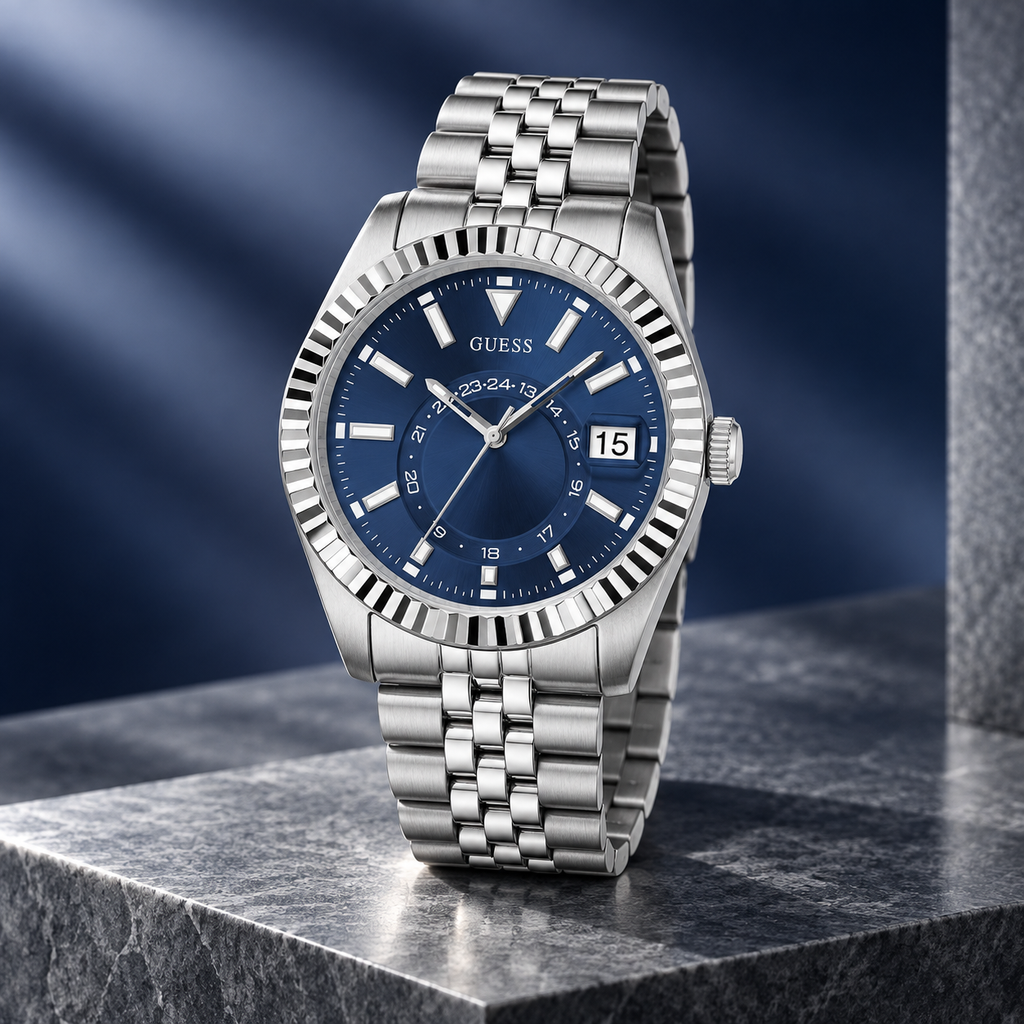 GUESS Mens Jaden Silver Tone Multi-function Date Watch – Jaden, Blue sunray dial with date window and 24-hour subdial, Silver-tone jubilee-style stainless-steel bracelet, 42 mm – GW0977G1 – image 5