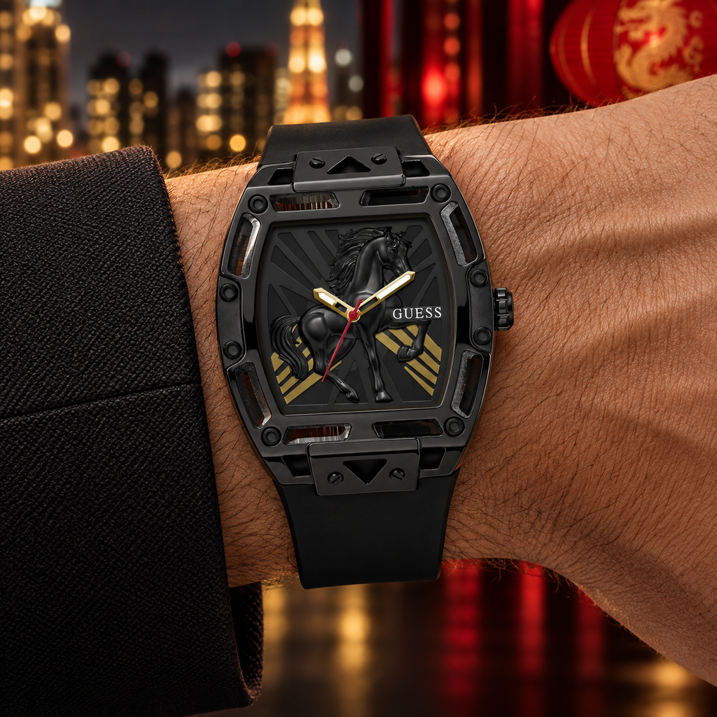 GUESS Mens Venix Limited Edition Lunar New Year Black Analog Watch – Venix Lunar New Year Limited Edition, See-through black dial with sculpted horse motif and red sweep hand, Black silicone strap, 44 mm – GW1074G1 – image 1
