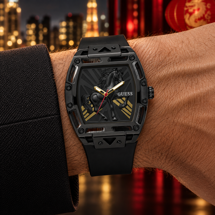 GUESS Mens Venix Limited Edition Lunar New Year Black Analog Watch – Venix Lunar New Year Limited Edition, See-through black dial with sculpted horse motif and red sweep hand, Black silicone strap, 44 mm – GW1074G1