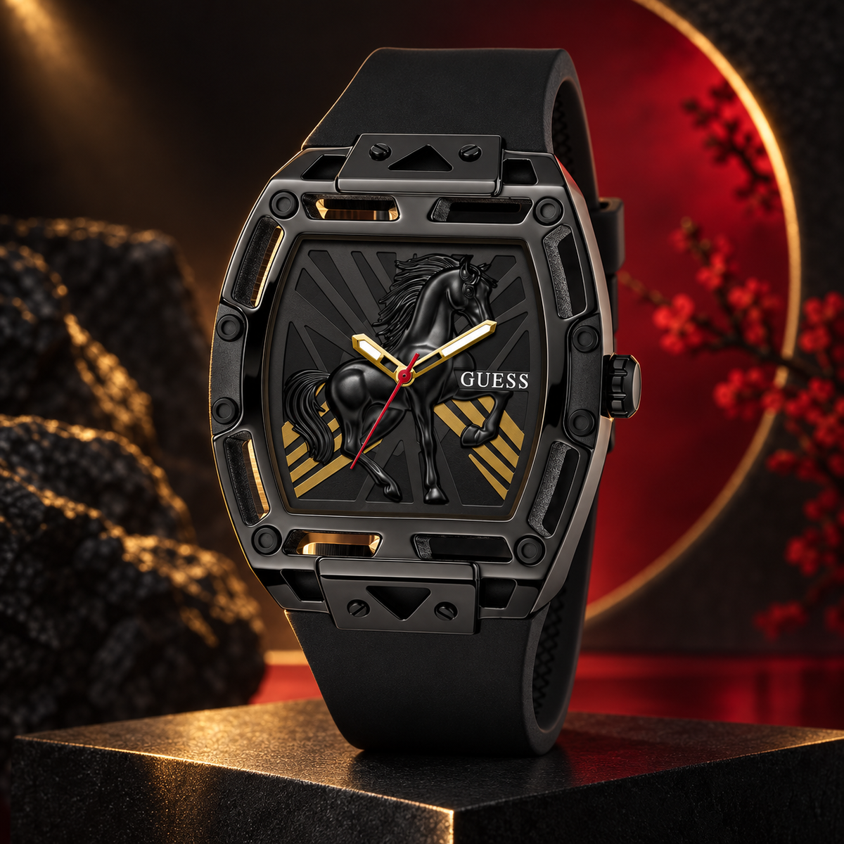 GUESS Mens Venix Limited Edition Lunar New Year Black Analog Watch – Venix Lunar New Year Limited Edition, See-through black dial with sculpted horse motif and red sweep hand, Black silicone strap, 44 mm – GW1074G1 – image 2