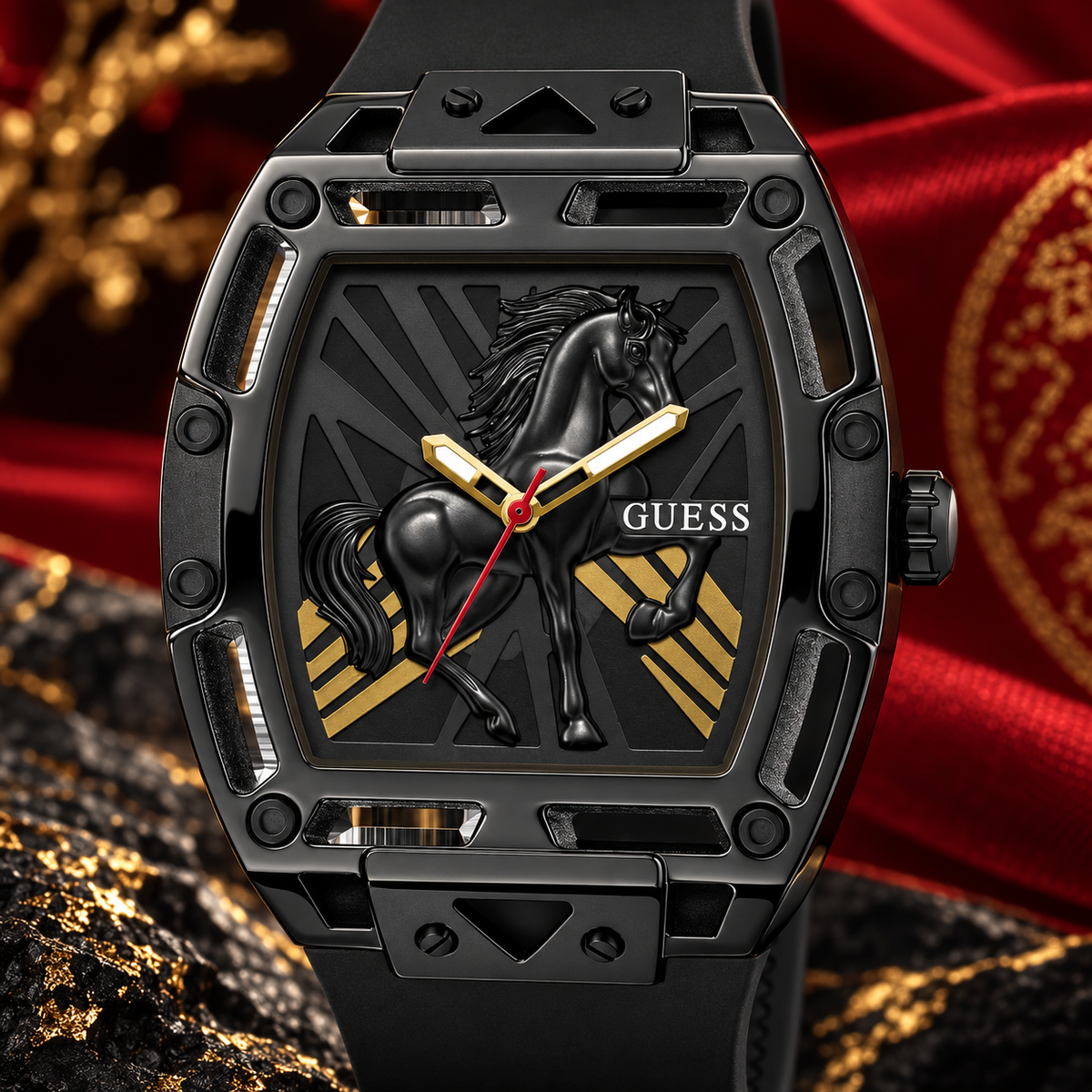 GUESS Mens Venix Limited Edition Lunar New Year Black Analog Watch – Venix Lunar New Year Limited Edition, See-through black dial with sculpted horse motif and red sweep hand, Black silicone strap, 44 mm – GW1074G1 – image 3