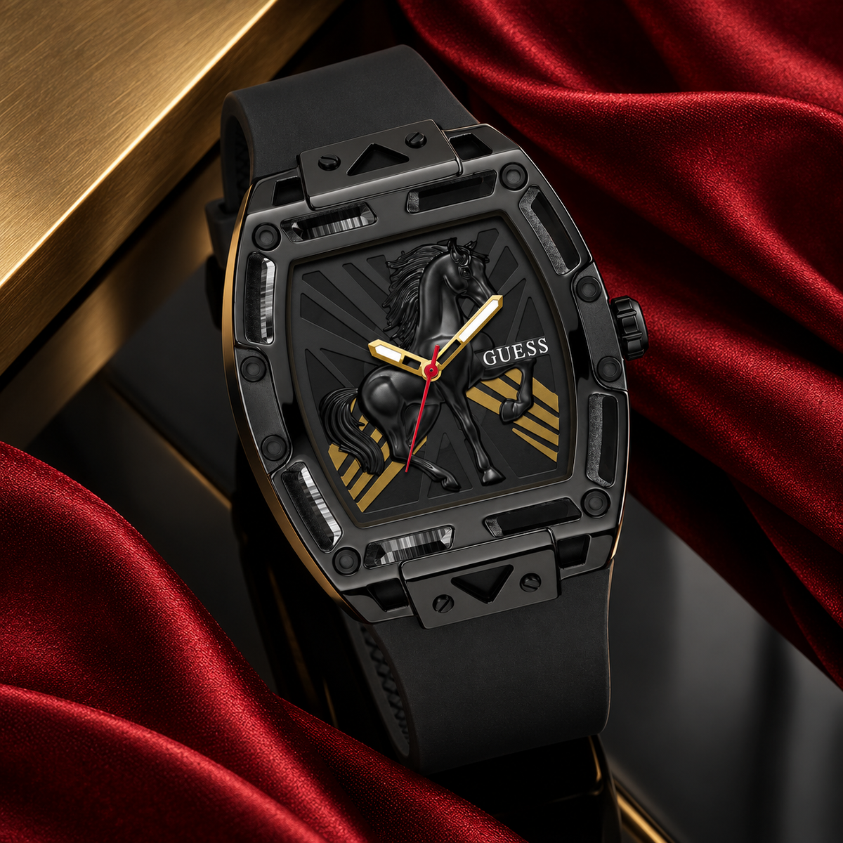 GUESS Mens Venix Limited Edition Lunar New Year Black Analog Watch – Venix Lunar New Year Limited Edition, See-through black dial with sculpted horse motif and red sweep hand, Black silicone strap, 44 mm – GW1074G1 – image 4