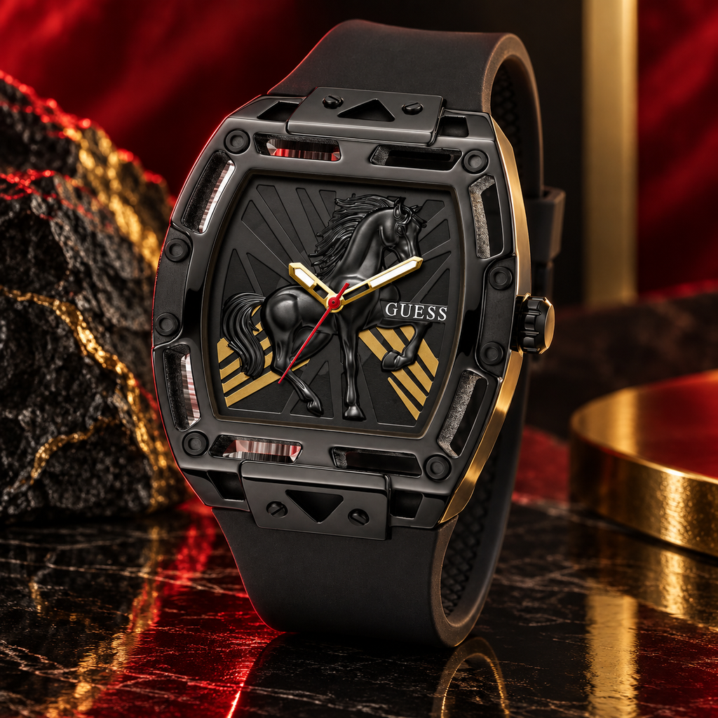 GUESS Mens Venix Limited Edition Lunar New Year Black Analog Watch – Venix Lunar New Year Limited Edition, See-through black dial with sculpted horse motif and red sweep hand, Black silicone strap, 44 mm – GW1074G1 – image 5