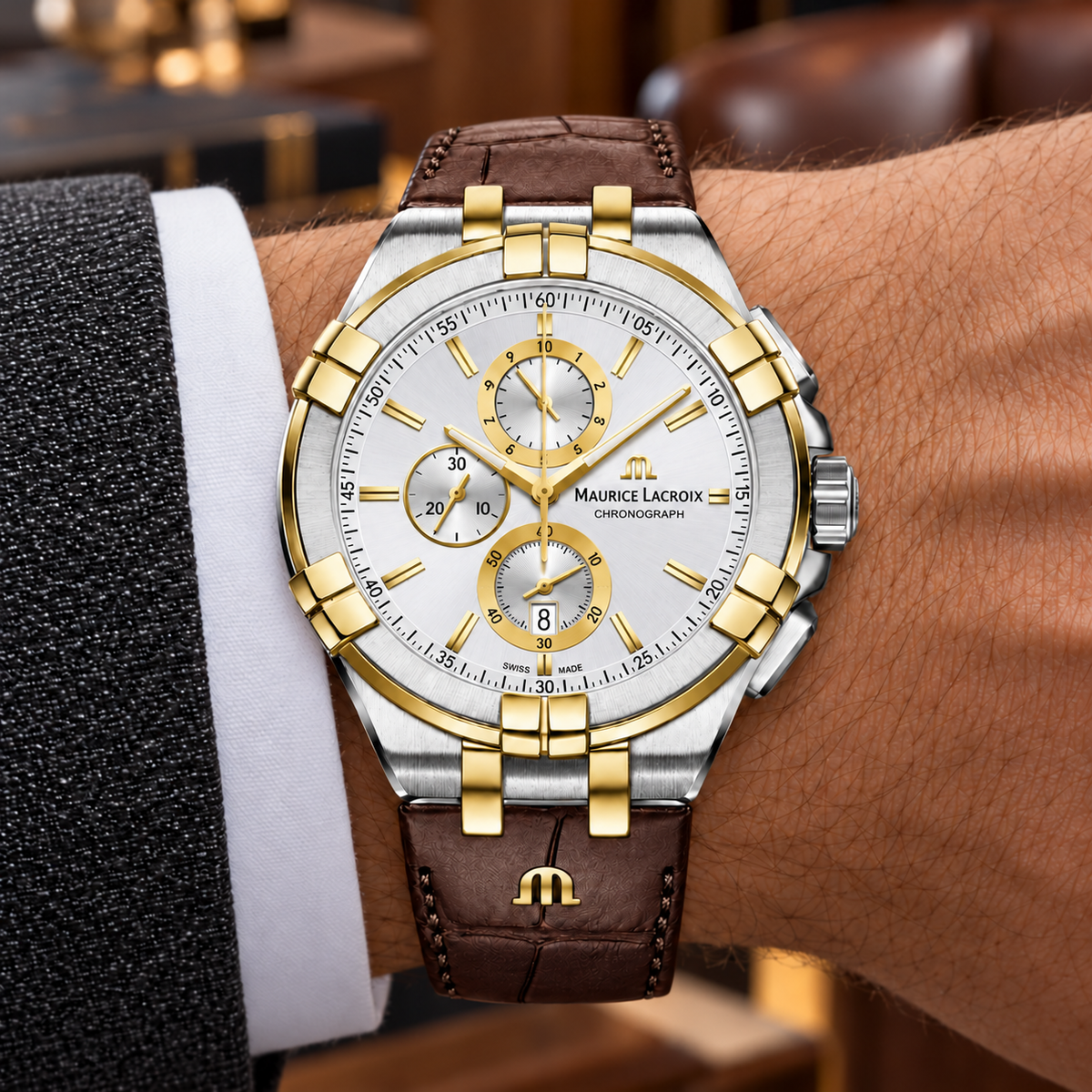 Maurice Lacroix AI1018-PVY11-132-1 — men's wrist with premium tailoring