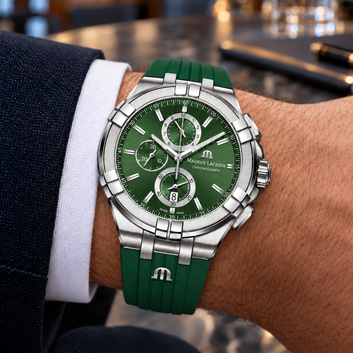 Maurice Lacroix AI1018-SS000-630-5 — men's wrist with premium tailoring