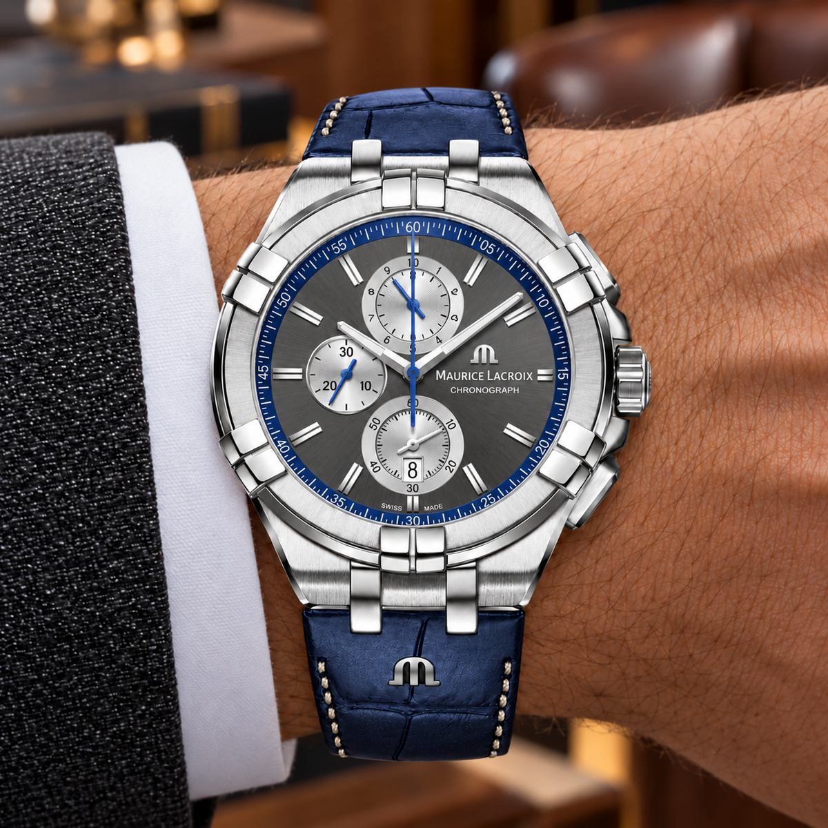 Maurice Lacroix AI1018-SS001-333-1 — men's wrist with premium tailoring