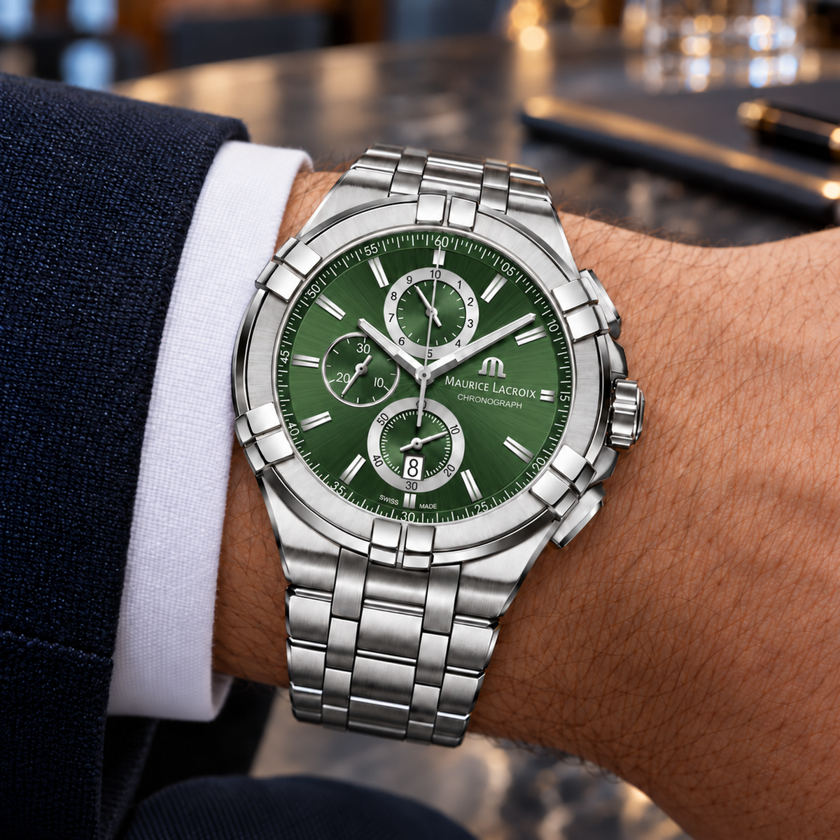 Maurice Lacroix AI1018-SS002-630-1 — men's wrist with premium tailoring