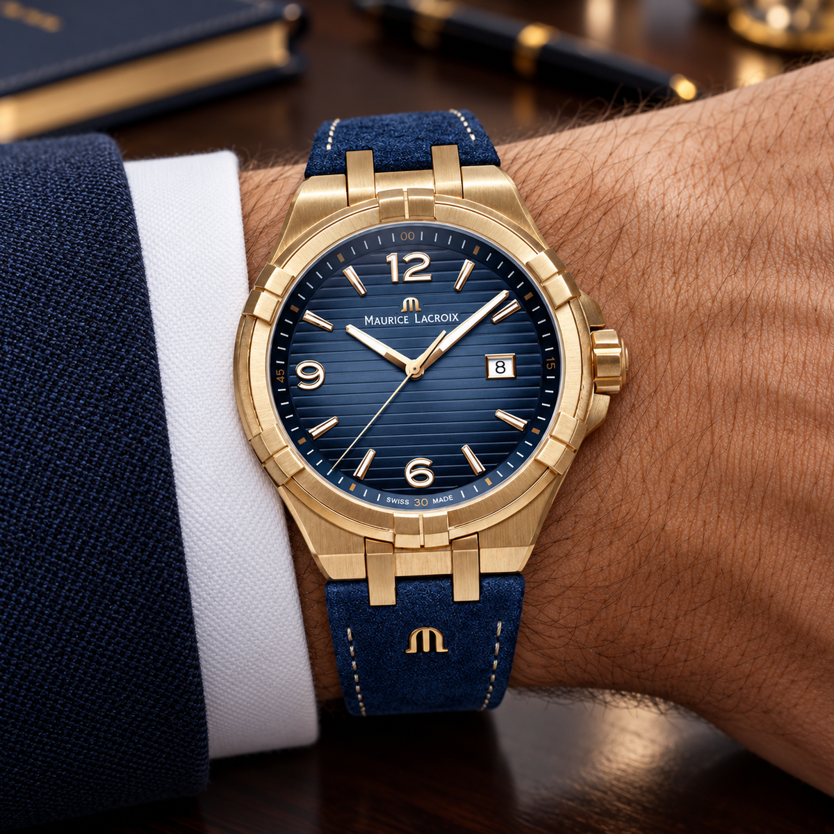 Maurice Lacroix AI1028-BRZ01-420-1 — men's wrist with premium tailoring