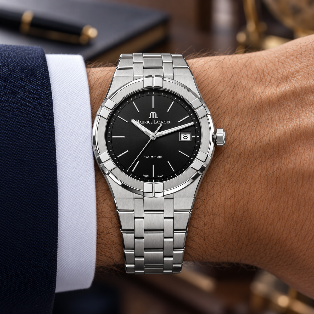 Maurice Lacroix AI1108-SS002-330-1 — men's wrist with premium tailoring