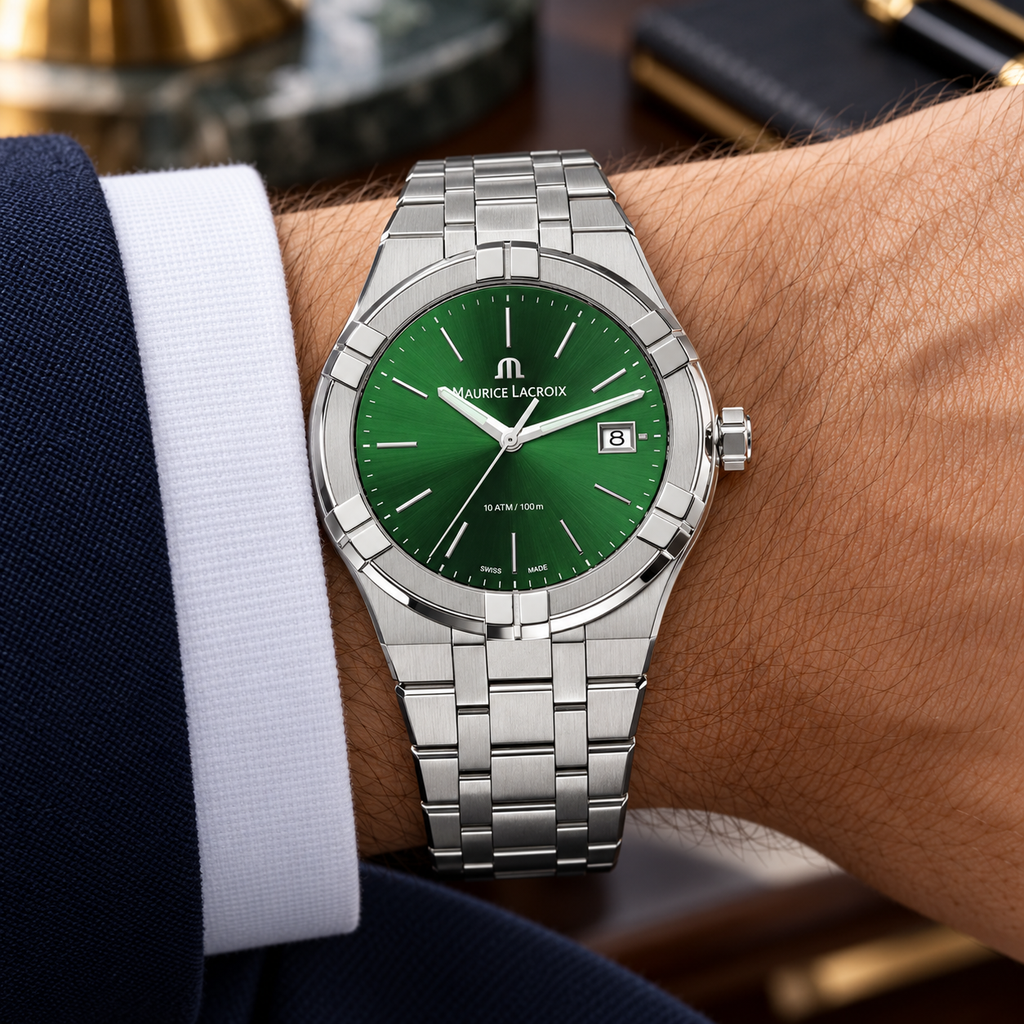 Maurice Lacroix AI1108-SS002-630-1 — men's wrist with premium tailoring