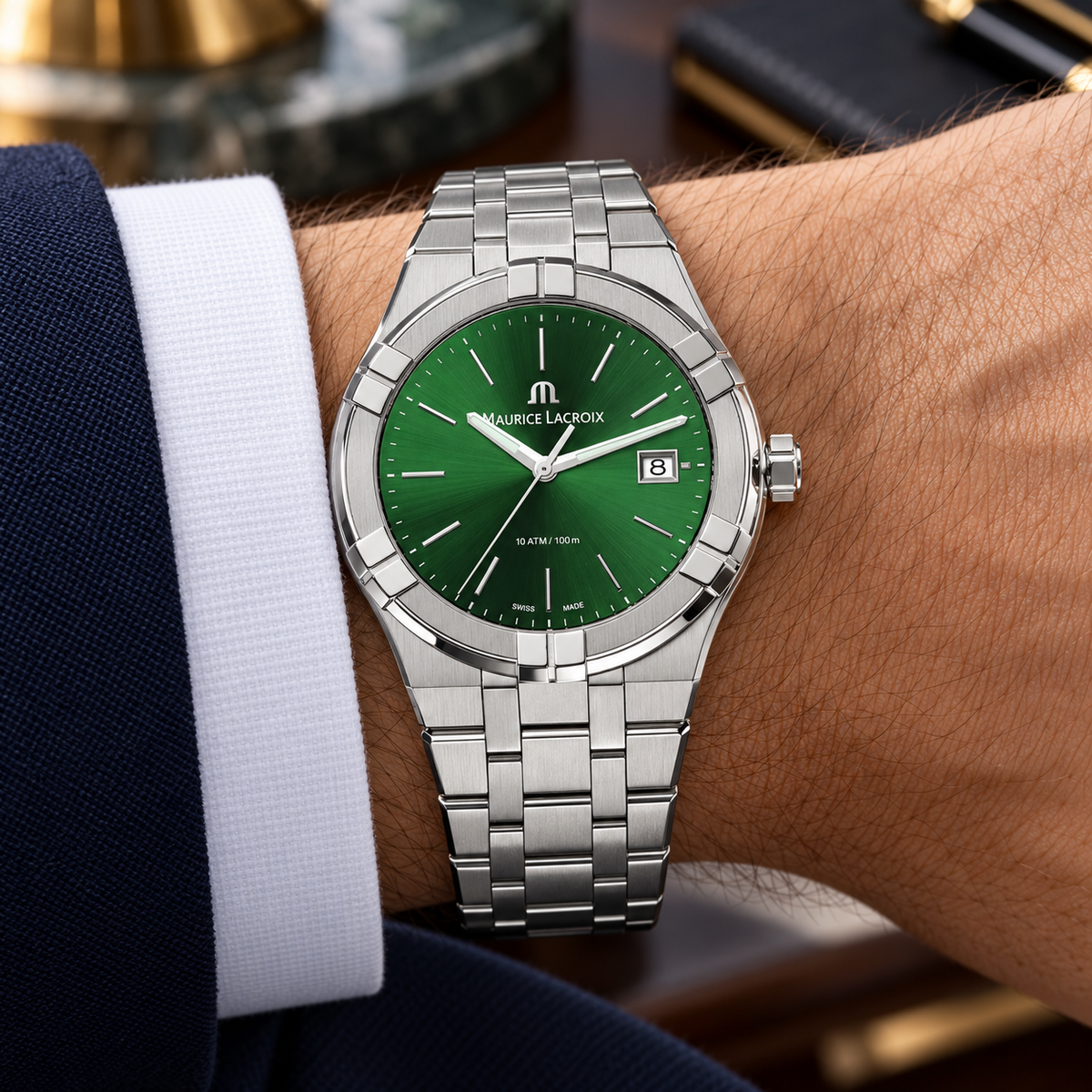Maurice Lacroix AI1108-SS002-630-1 — men's wrist with premium tailoring