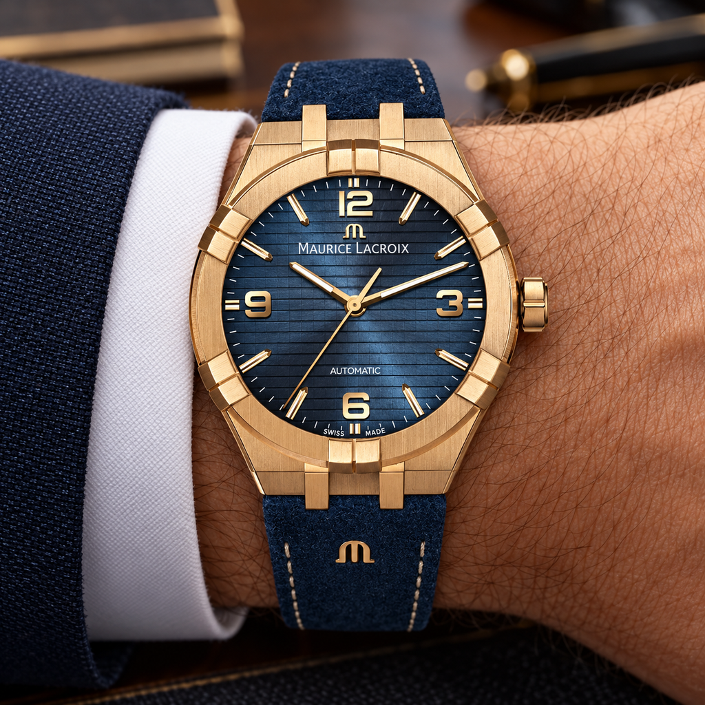 Maurice Lacroix AI6008-BRZ01-420-1 — men's wrist with premium tailoring