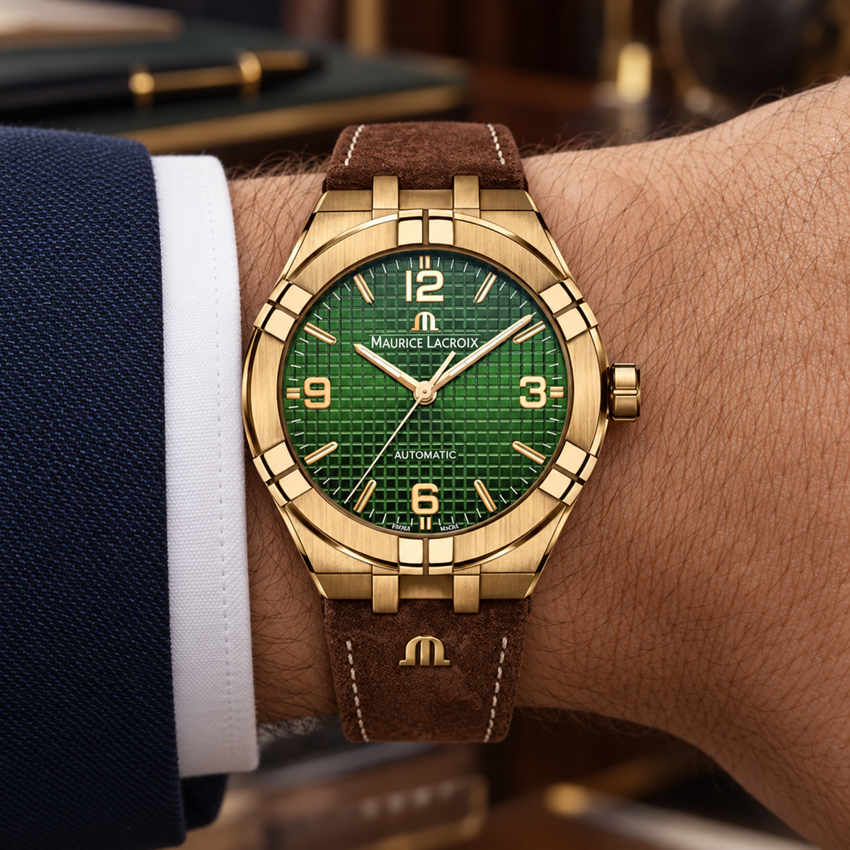 Maurice Lacroix AI6008-BRZ0B-630-M — men's wrist with premium tailoring