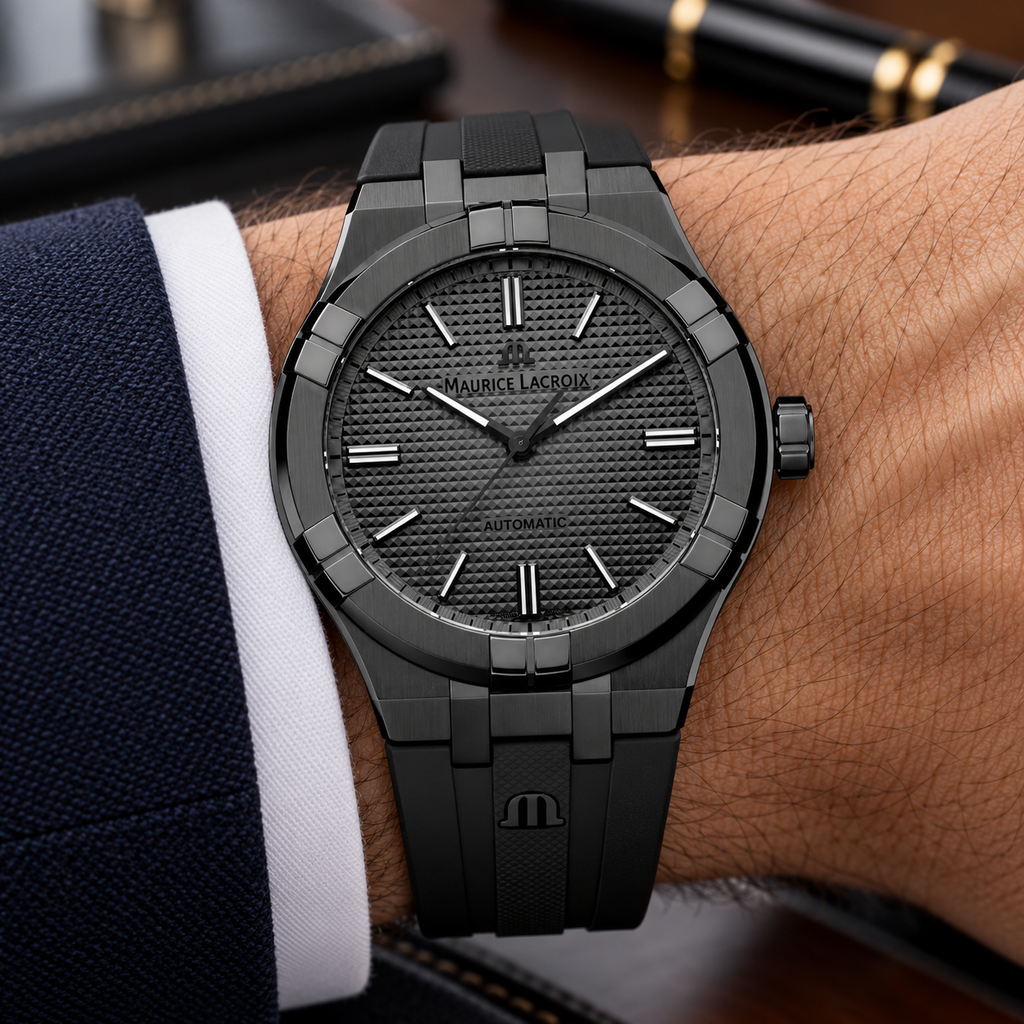 Maurice Lacroix AI6008-PVB00-330-2 — men's wrist with premium tailoring