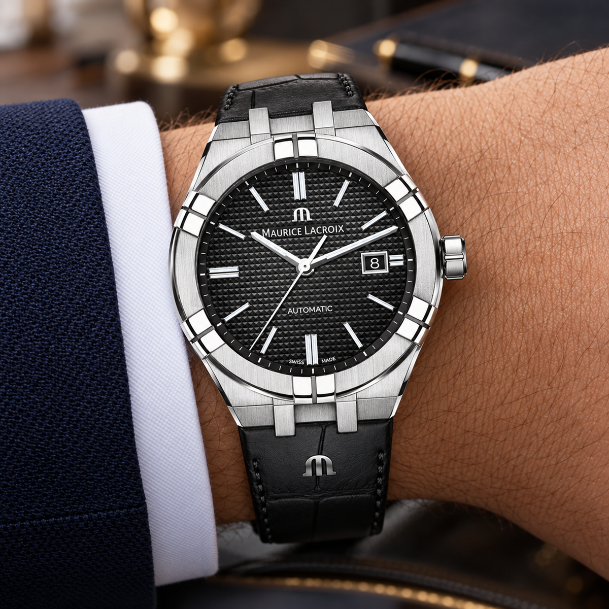 Maurice Lacroix AI6008-SS001-330-1 — men's wrist with premium tailoring