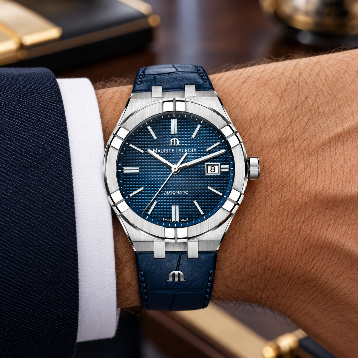 Maurice Lacroix AI6008-SS001-430-1 — men's wrist with premium tailoring
