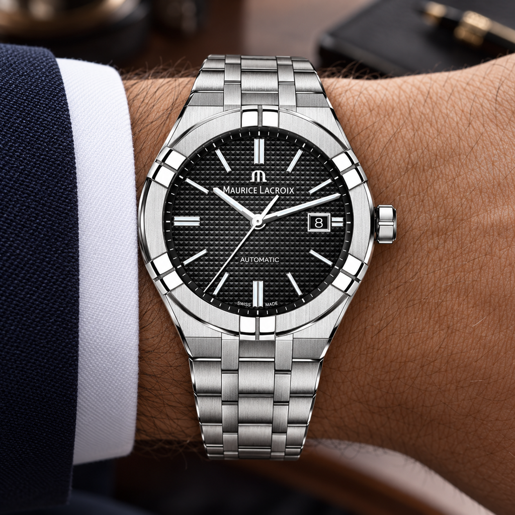 Maurice Lacroix AI6008-SS002-330-1 — men's wrist with premium tailoring