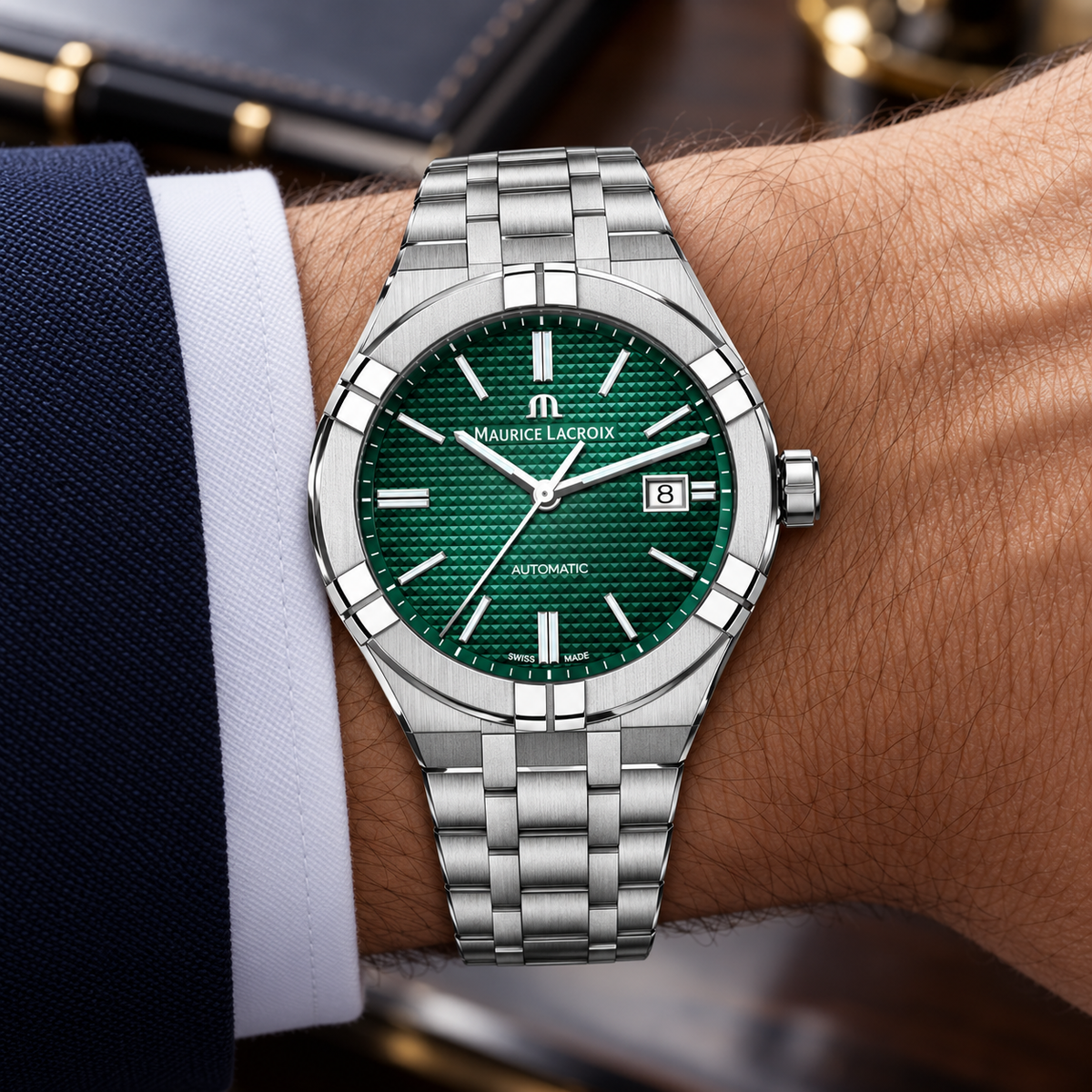 Maurice Lacroix AI6008-SS002-630-1 — men's wrist with premium tailoring