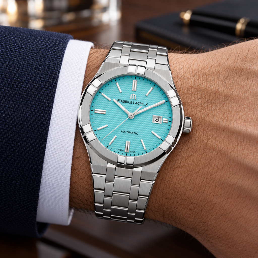 Maurice Lacroix AI6008-SS00F-431-C — men's wrist with premium tailoring