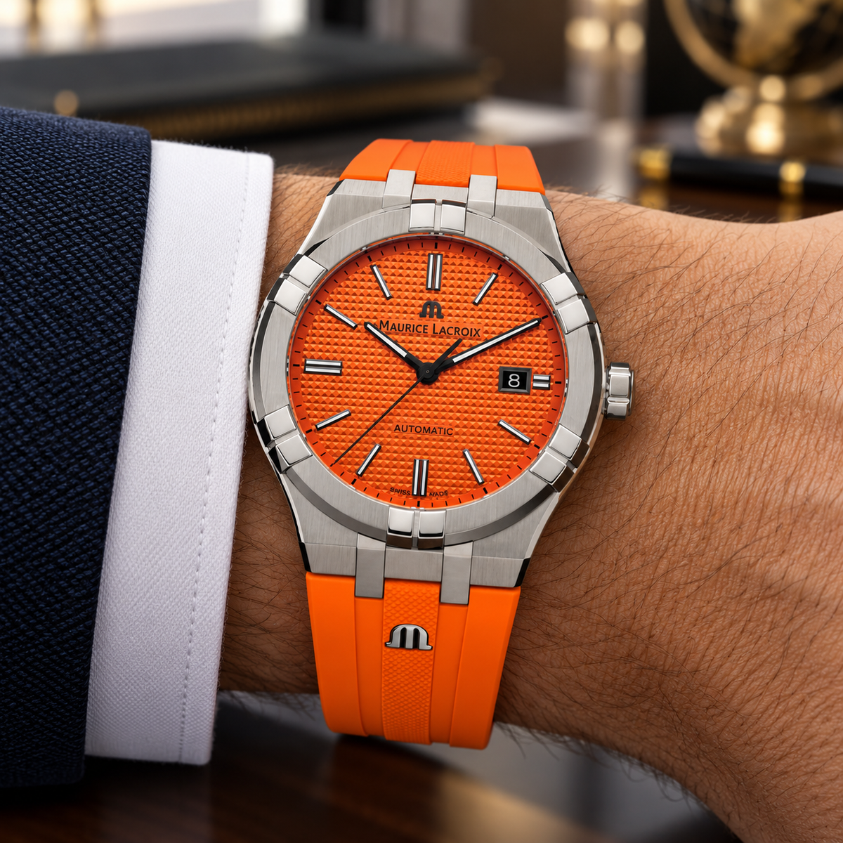 Maurice Lacroix AI6008-SS00F-530-1 — men's wrist with premium tailoring