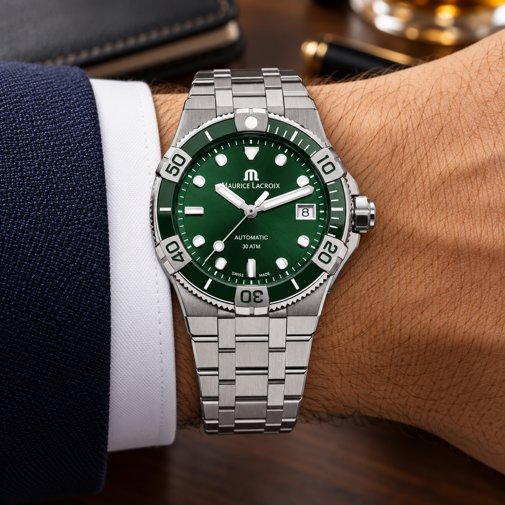 Maurice Lacroix AI6057-SSL52-630-1 — men's wrist with premium tailoring