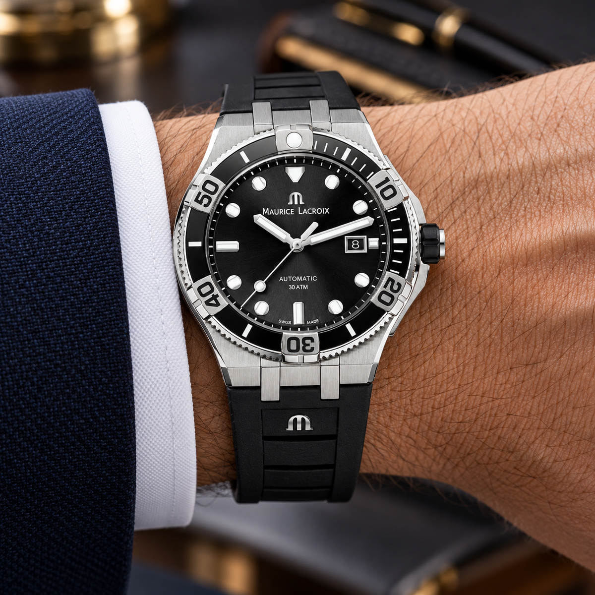 Maurice Lacroix AI6058-SS001-330-1 — men's wrist with premium tailoring