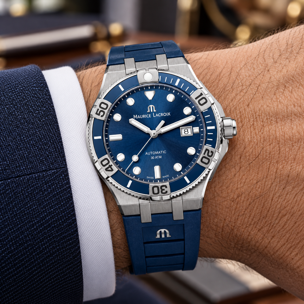 Maurice Lacroix AI6058-SS001-430-1 — men's wrist with premium tailoring