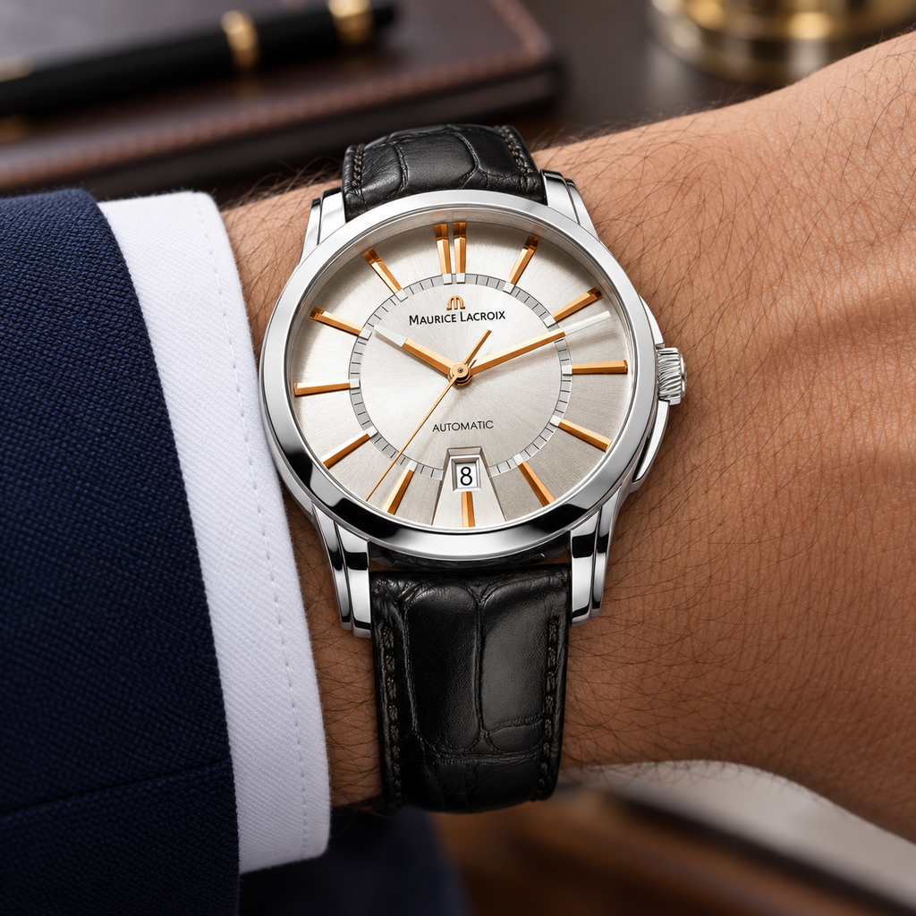 Maurice Lacroix PT6148-SS001-131 — men's wrist with premium tailoring