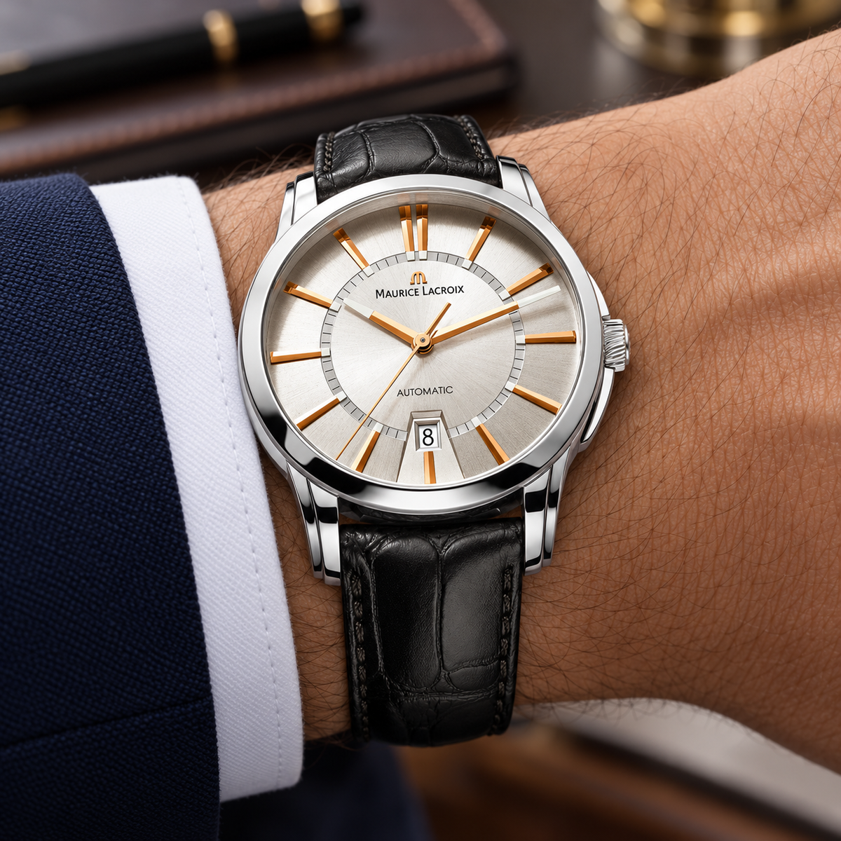 Maurice Lacroix PT6148-SS001-131 — men's wrist with premium tailoring