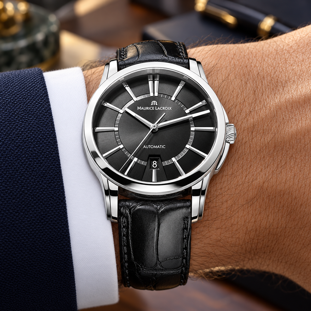 Maurice Lacroix PT6148-SS001-330 — men's wrist with premium tailoring