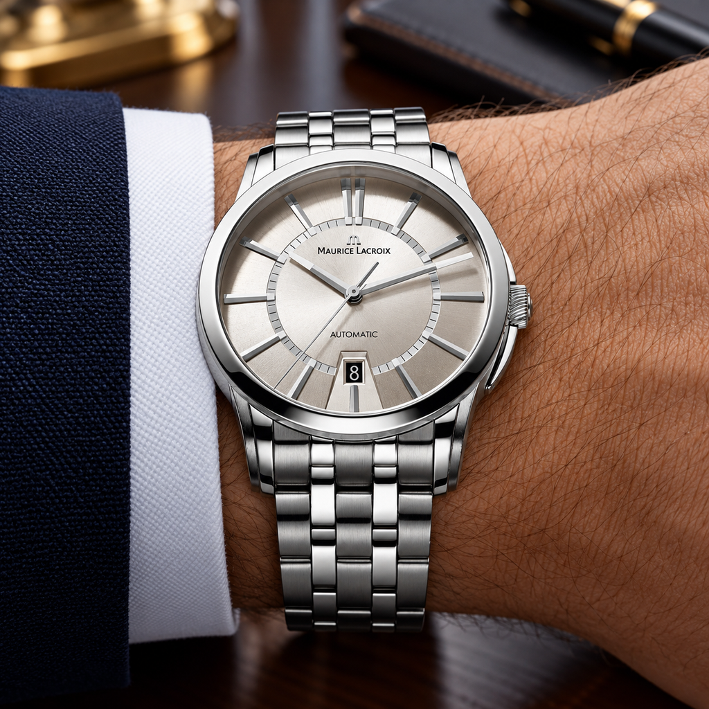 Maurice Lacroix PT6148-SS002-130 — men's wrist with premium tailoring