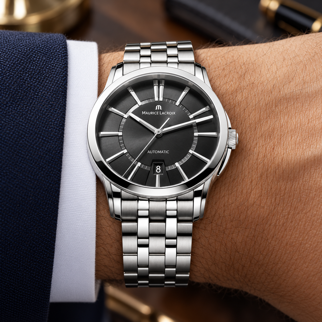 Maurice Lacroix PT6148-SS002-330 — men's wrist with premium tailoring