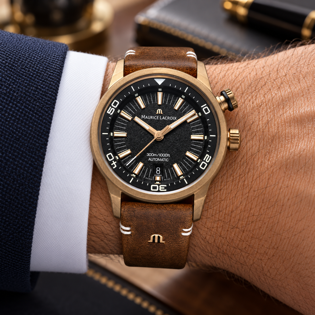Maurice Lacroix PT6248-BRZ01-330-3 — men's wrist with premium tailoring