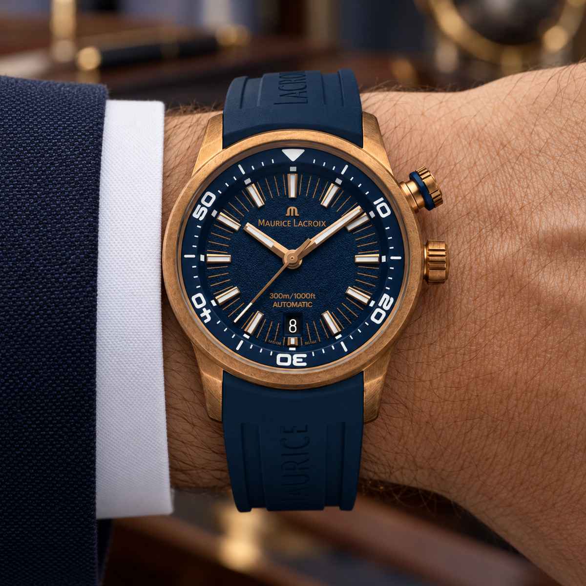 Maurice Lacroix PT6248-BRZ0B-430-4 — men's wrist with premium tailoring