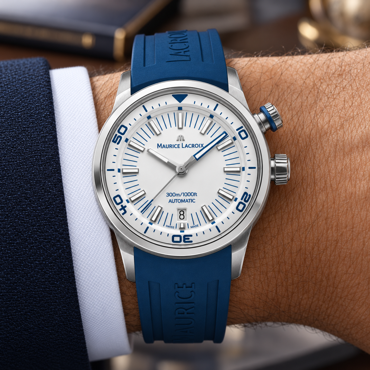 Maurice Lacroix PT6248-SS00L-130-4 — men's wrist with premium tailoring