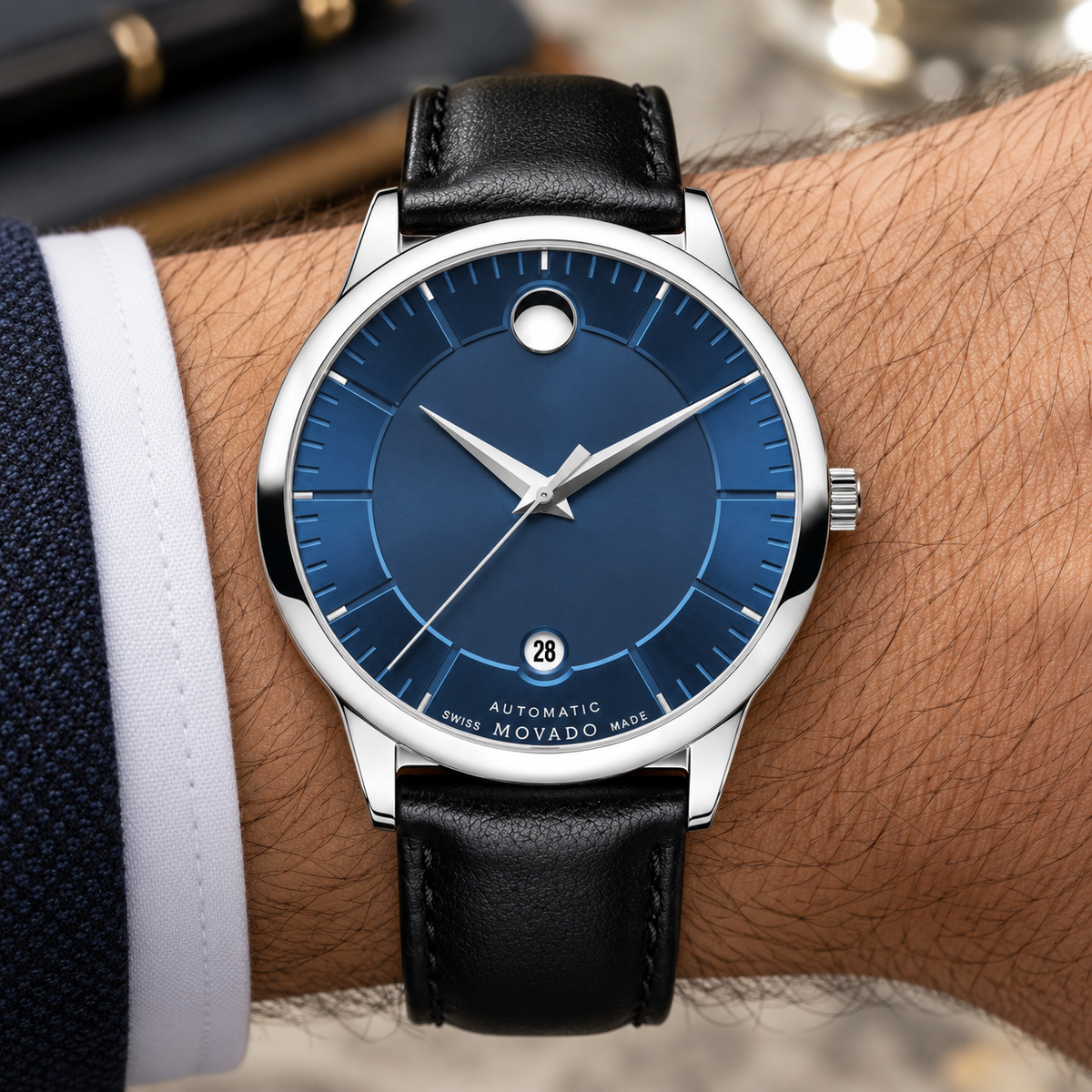 Movado 1881 Automatic 39.5mm Blue Dial Men's Watch 0606874 — dial detail