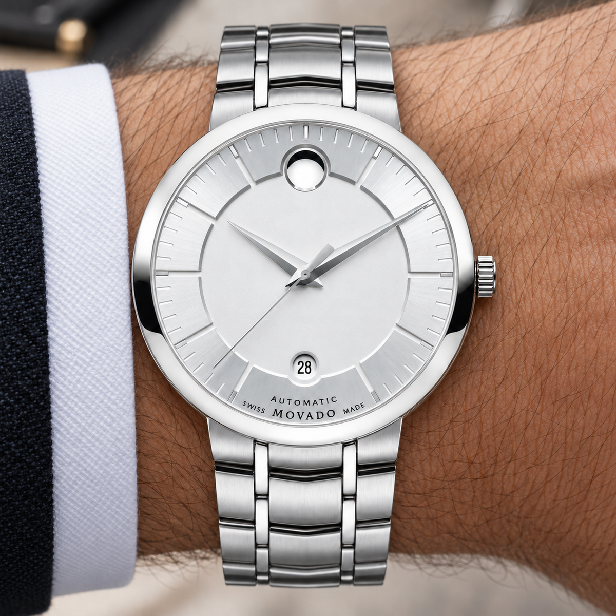 Movado 1881 Automatic 39.5mm Silver Dial Men's Watch 0606915 — dial detail