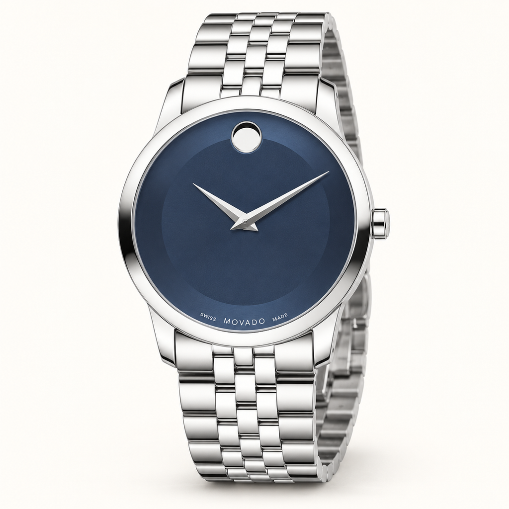 Movado Museum 40mm Metallic Blue Dial Men's Watch 0606982 — three quarter