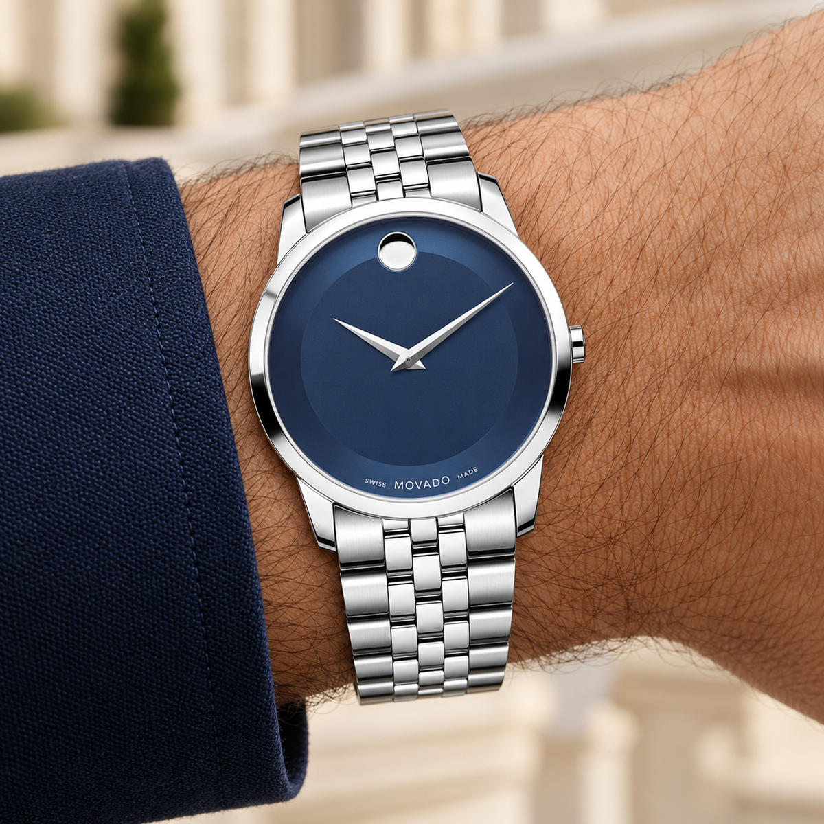 Movado Museum 40mm Metallic Blue Dial Men's Watch 0606982 — wrist alternate