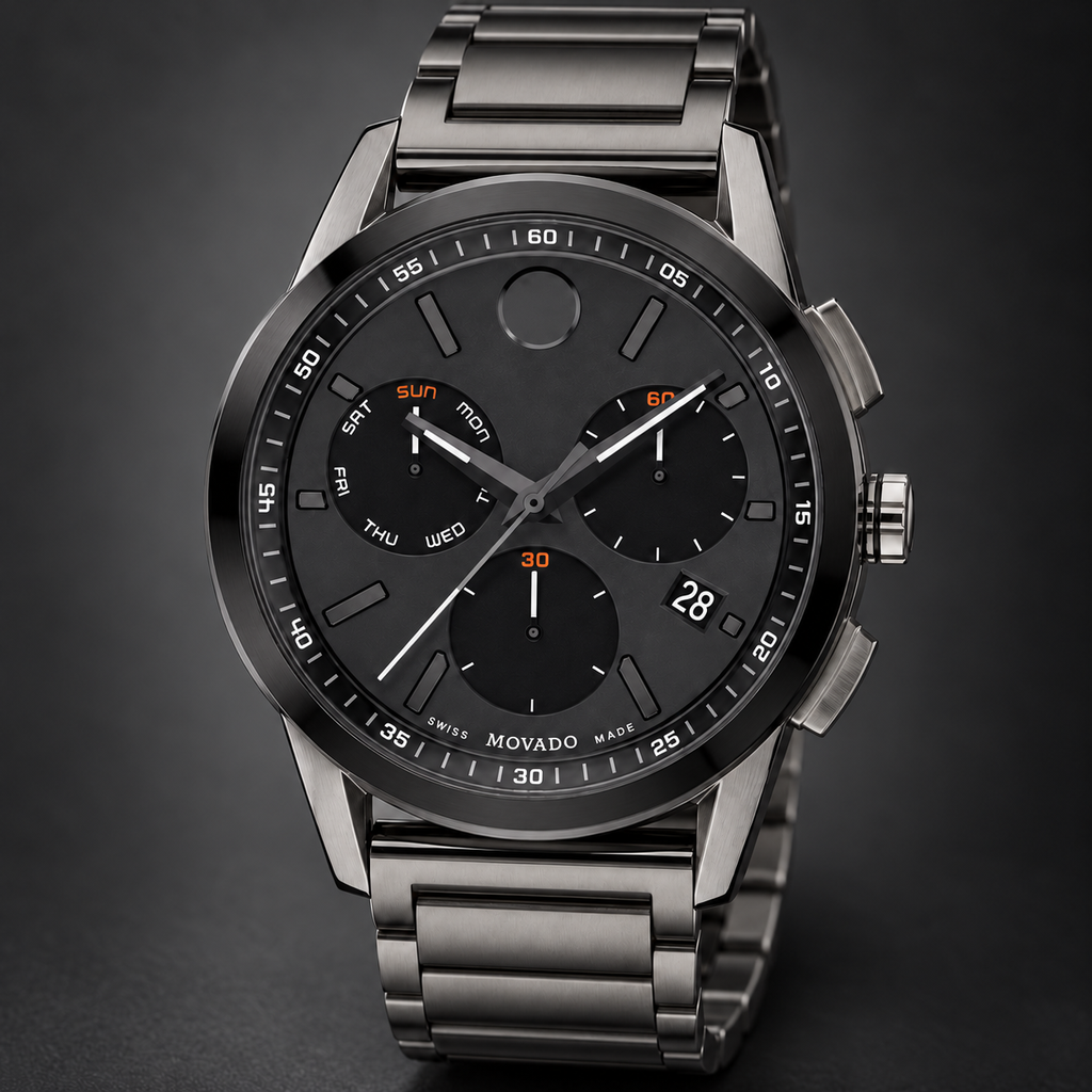 Movado Museum Sport Chronograph 43mm Black Dial Men's Watch 0607558 — three quarter