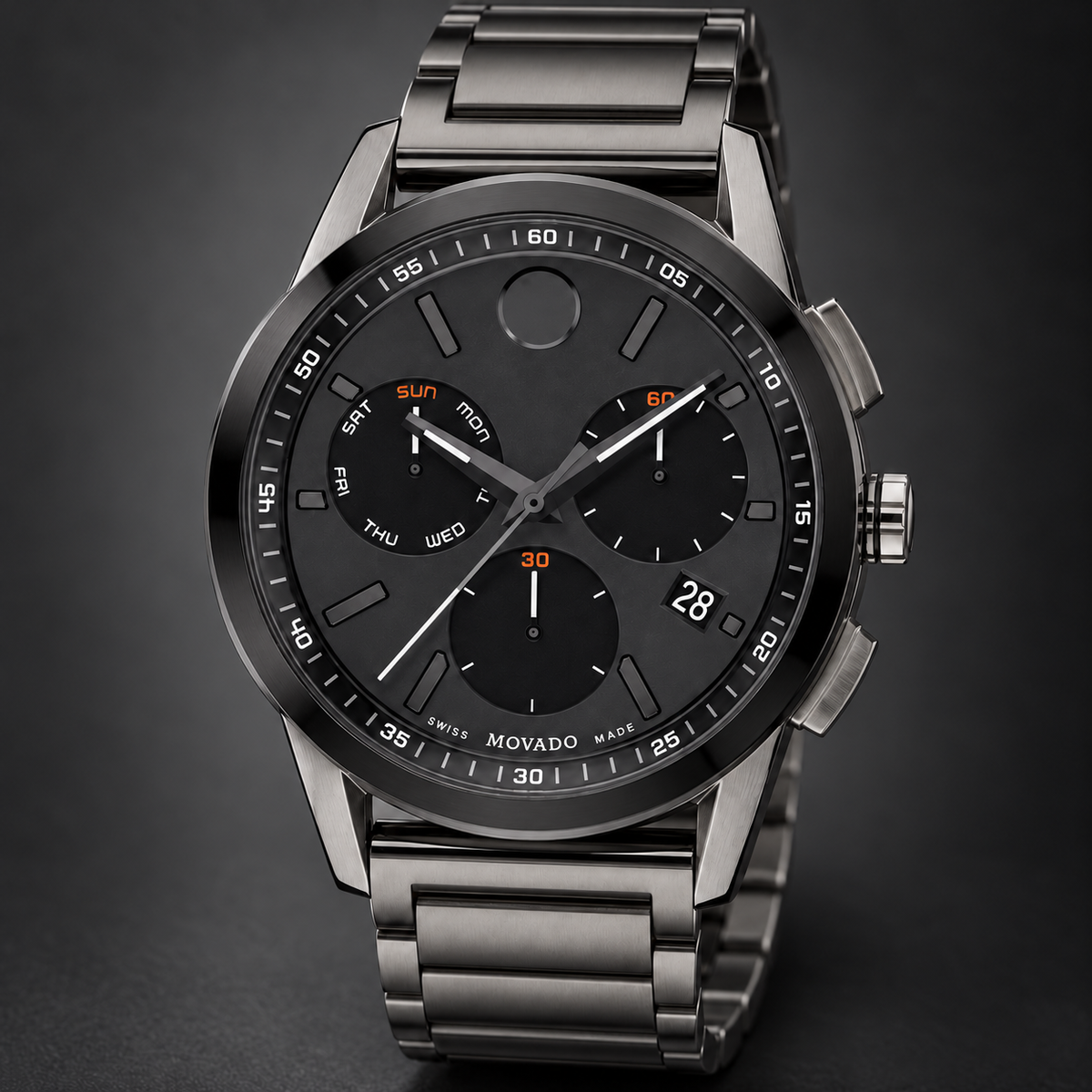 Movado Museum Sport Chronograph 43mm Black Dial Men's Watch 0607558 — three quarter