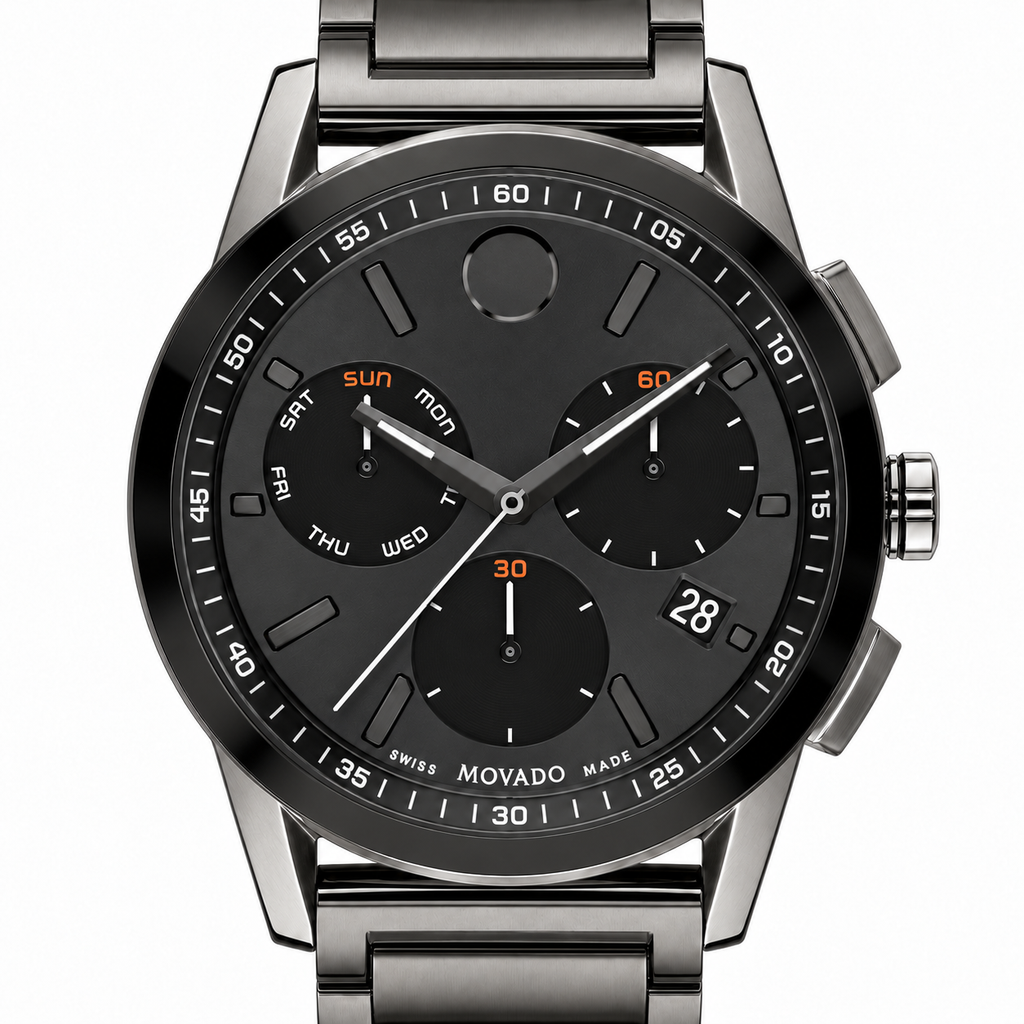 Movado Museum Sport Chronograph 43mm Black Dial Men's Watch 0607558 — dial detail