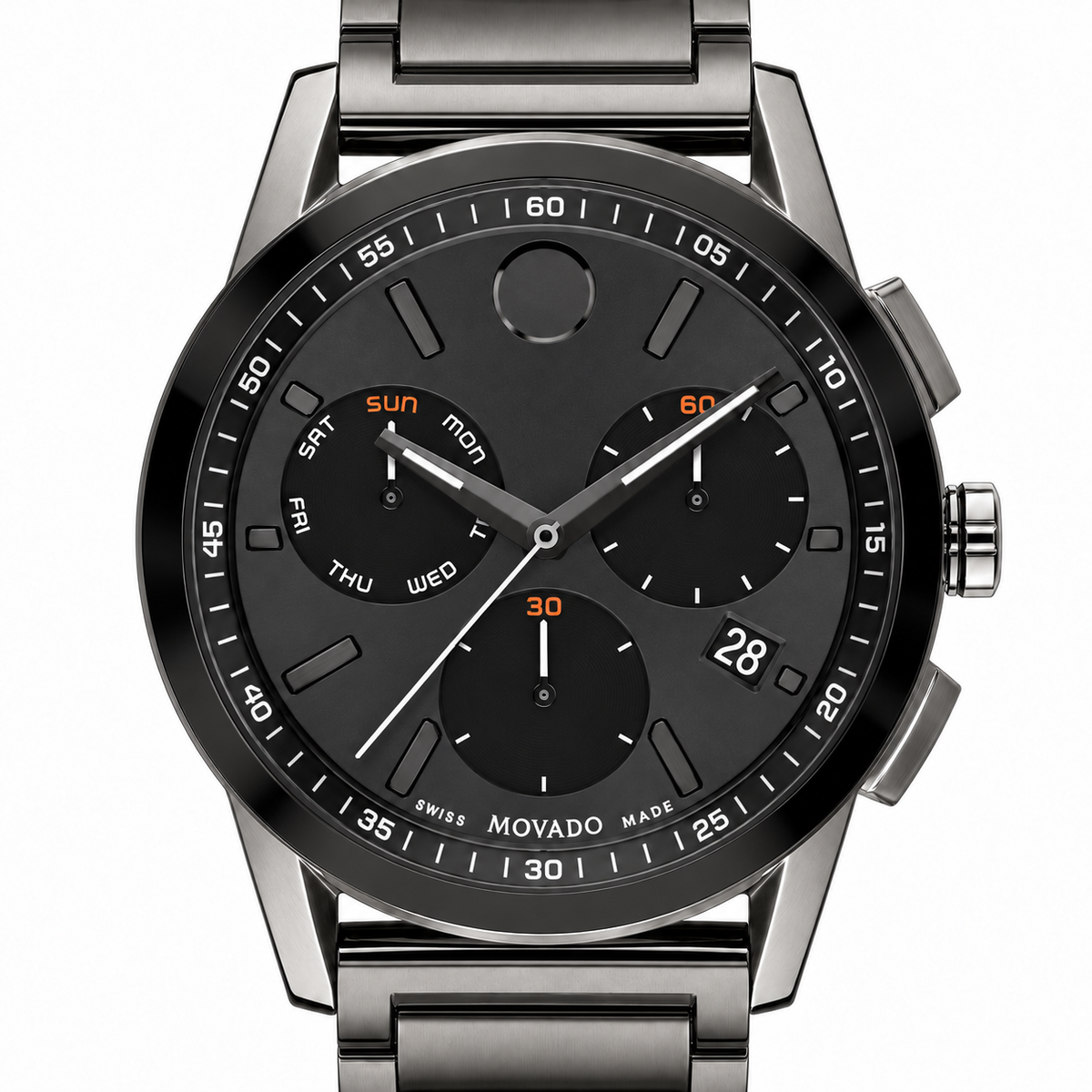 Movado Museum Sport Chronograph 43mm Black Dial Men's Watch 0607558 — dial detail