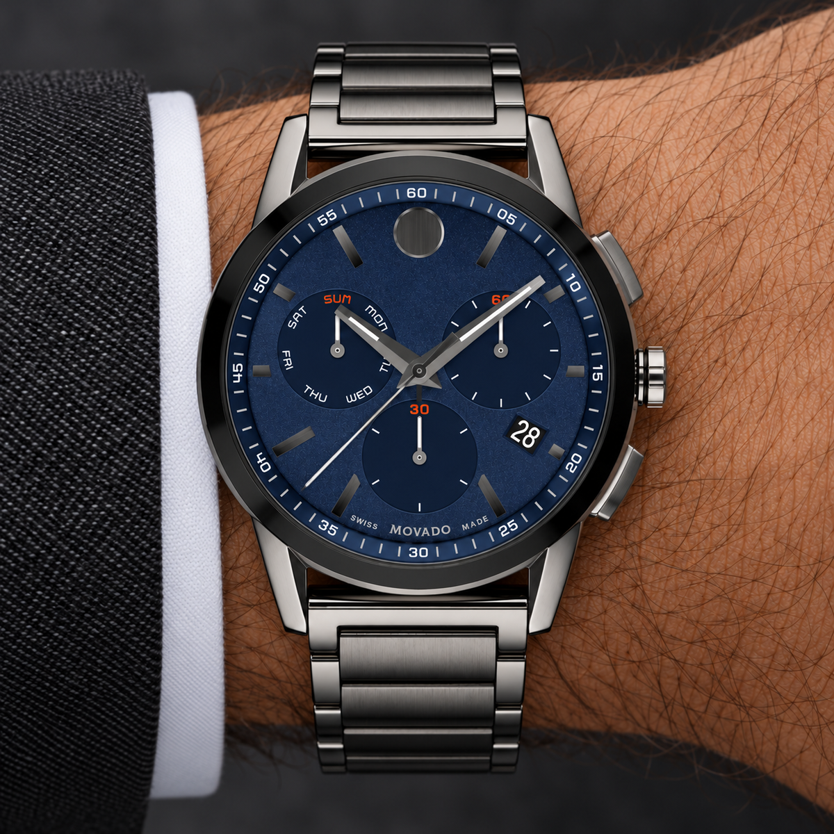 Movado Museum Sport Chronograph 43mm Blue Dial Men's Watch 0607624 — wrist