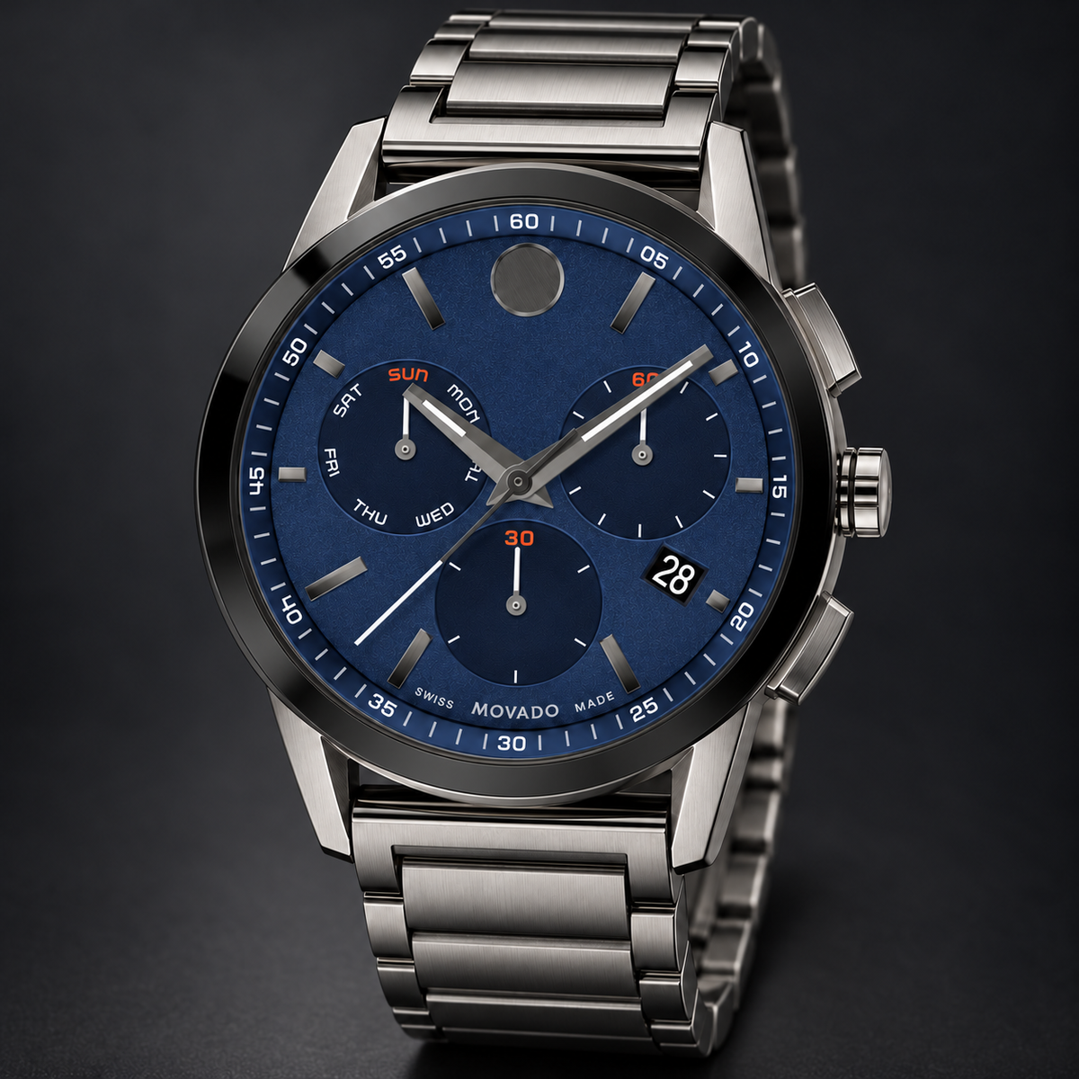 Movado Museum Sport Chronograph 43mm Blue Dial Men's Watch 0607624 — three quarter