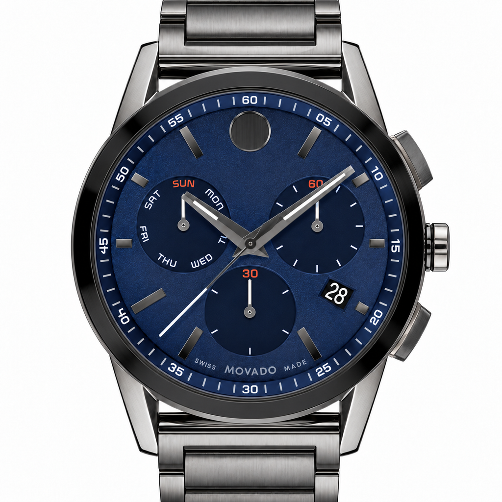 Movado Museum Sport Chronograph 43mm Blue Dial Men's Watch 0607624 — dial detail